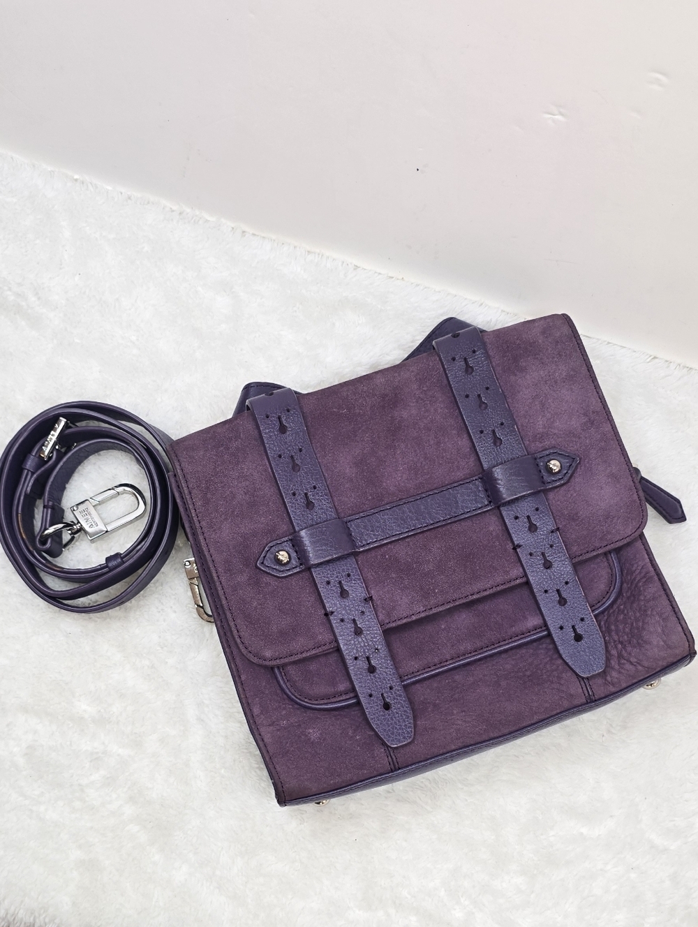 Aimee Kestenberg Sammy Crossbody Bag Purple Suede Top Handle Leather